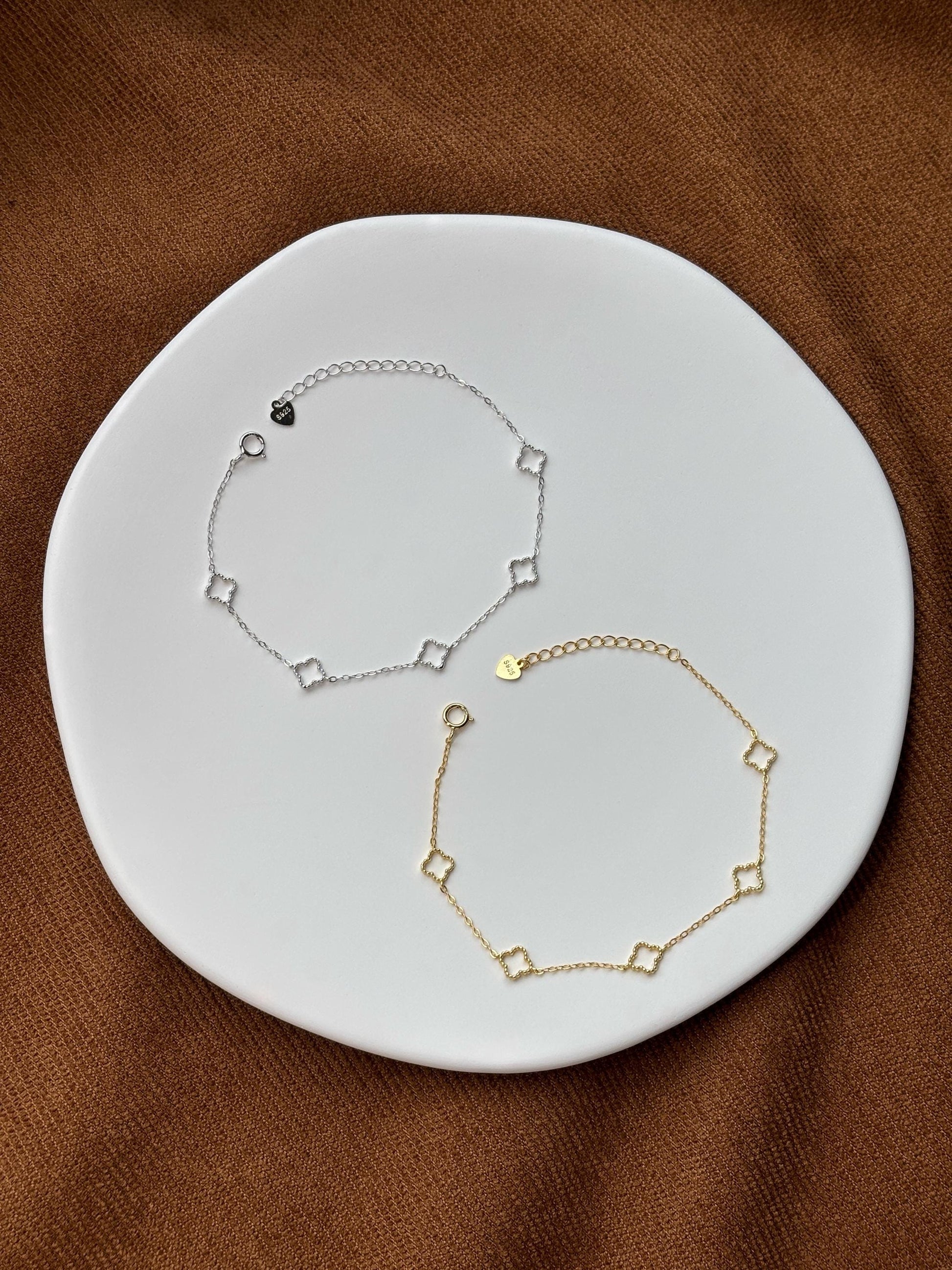 Solid Sterling Silver Four Leaf Clover Bracelet, Golden Flower Charm Bracelet, Floral Gold Plated Jewelry, Dainty Lovely Elegant Jewelry