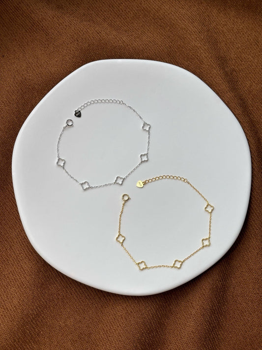 Solid Sterling Silver Four Leaf Clover Bracelet, Golden Flower Charm Bracelet, Floral Gold Plated Jewelry, Dainty Lovely Elegant Jewelry