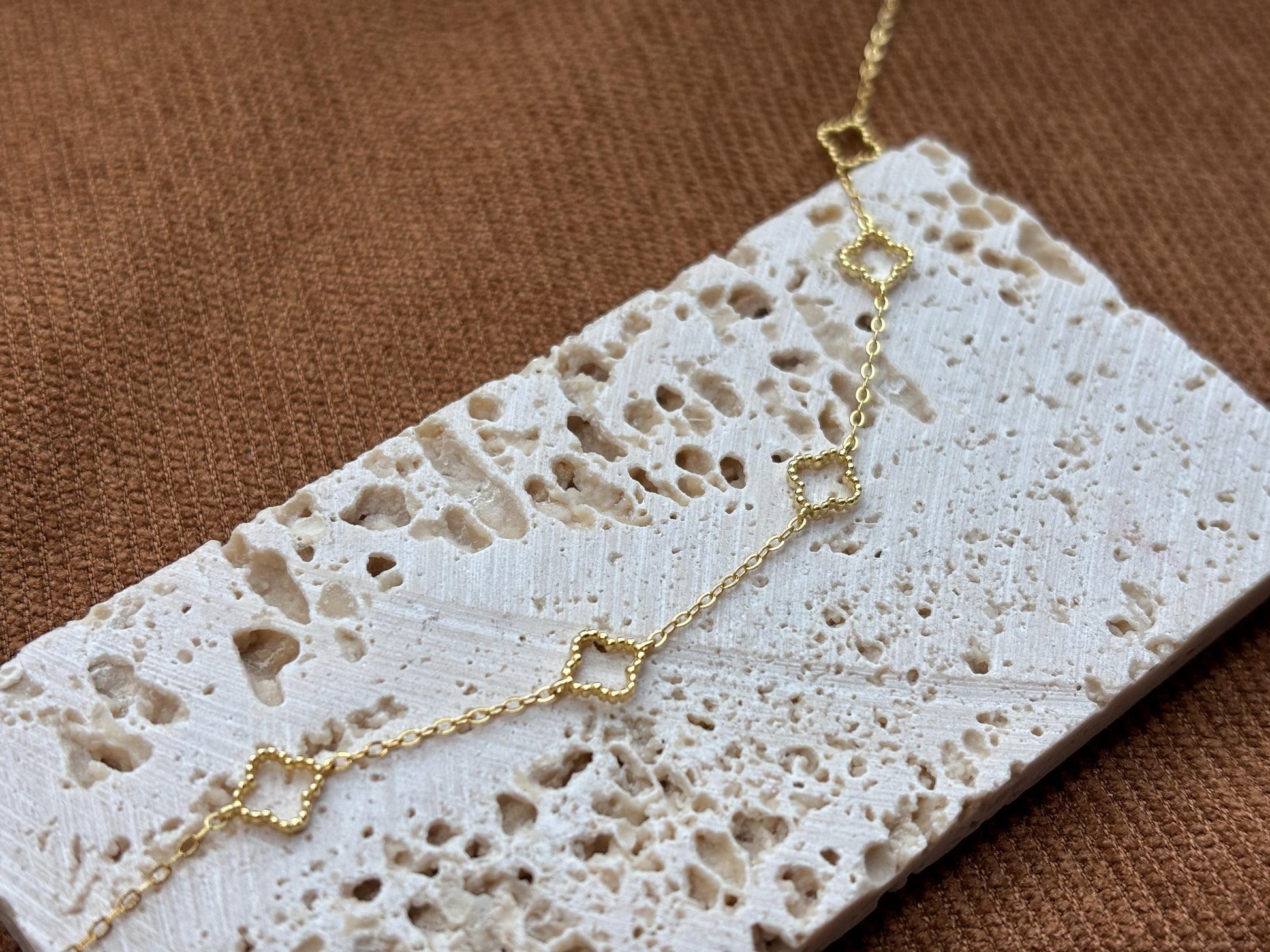 Solid Sterling Silver Four Leaf Clover Bracelet, Golden Flower Charm Bracelet, Floral Gold Plated Jewelry, Dainty Lovely Elegant Jewelry