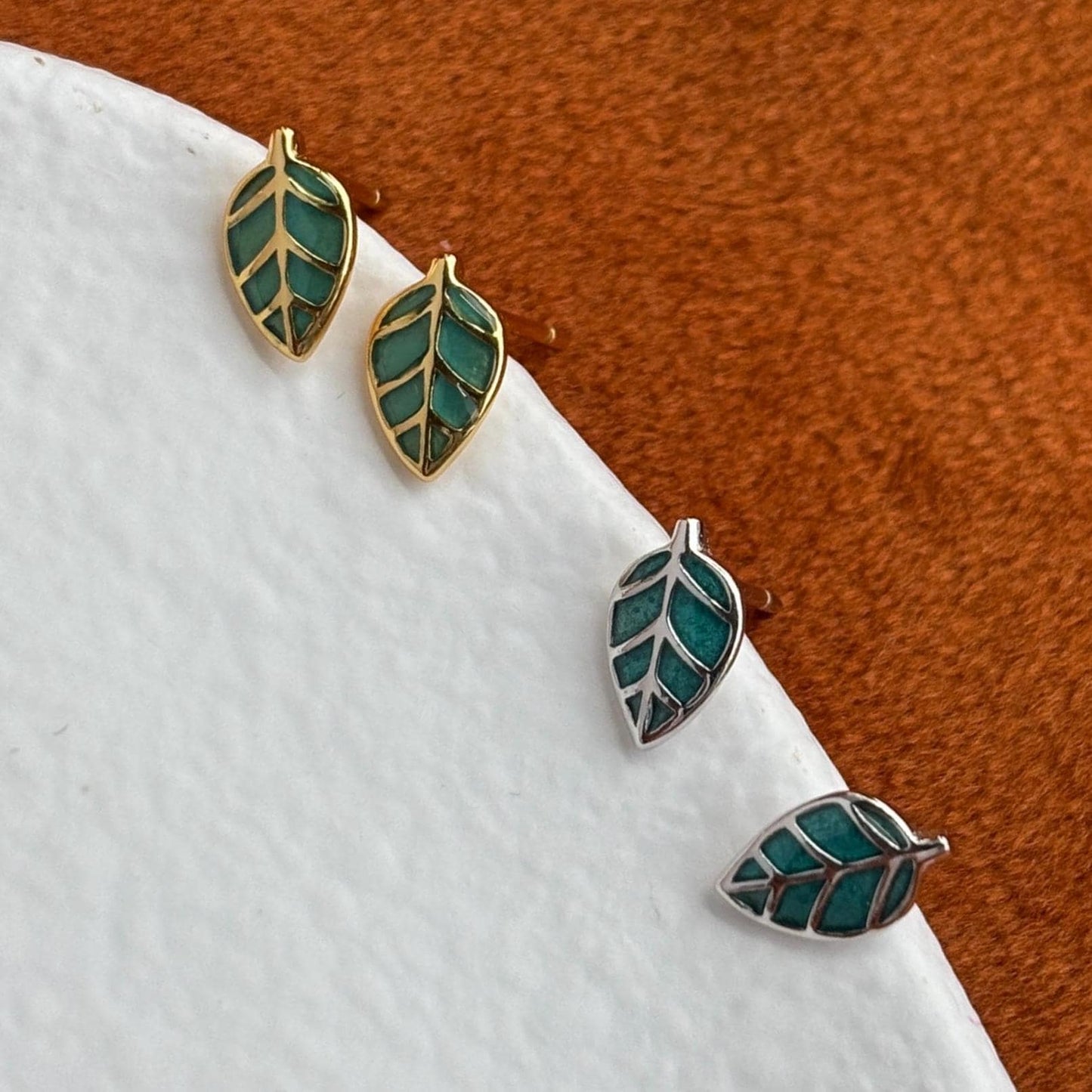 Enamel Green Leaf Solid Sterling Silver Stud Earrings, Mini Cute Golden Plant Earrings, Glaze Jewelry, Dainty 14K Gold Plated Studs