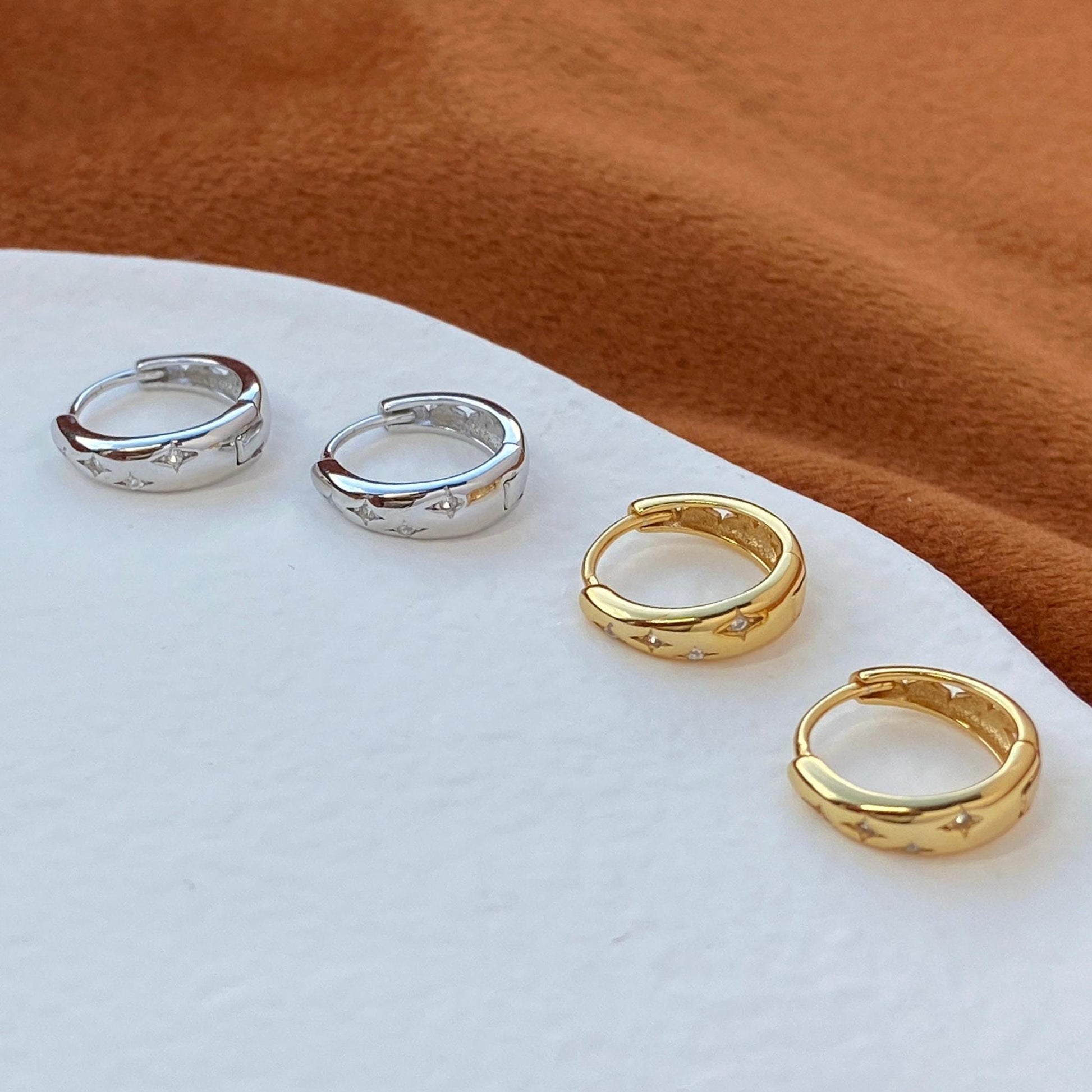 Star Hoop Solid Sterling Silver Earrings, 18K Gold Plated 925 Silver Zircon Sparkling Star Huggie