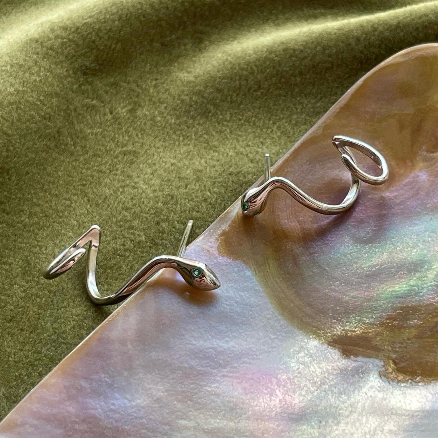 Solid Sterling Silver Snake Stud Earrings, Snake Ear Climber Earrings With Green Gemstone Eyes, Animal Jewelry