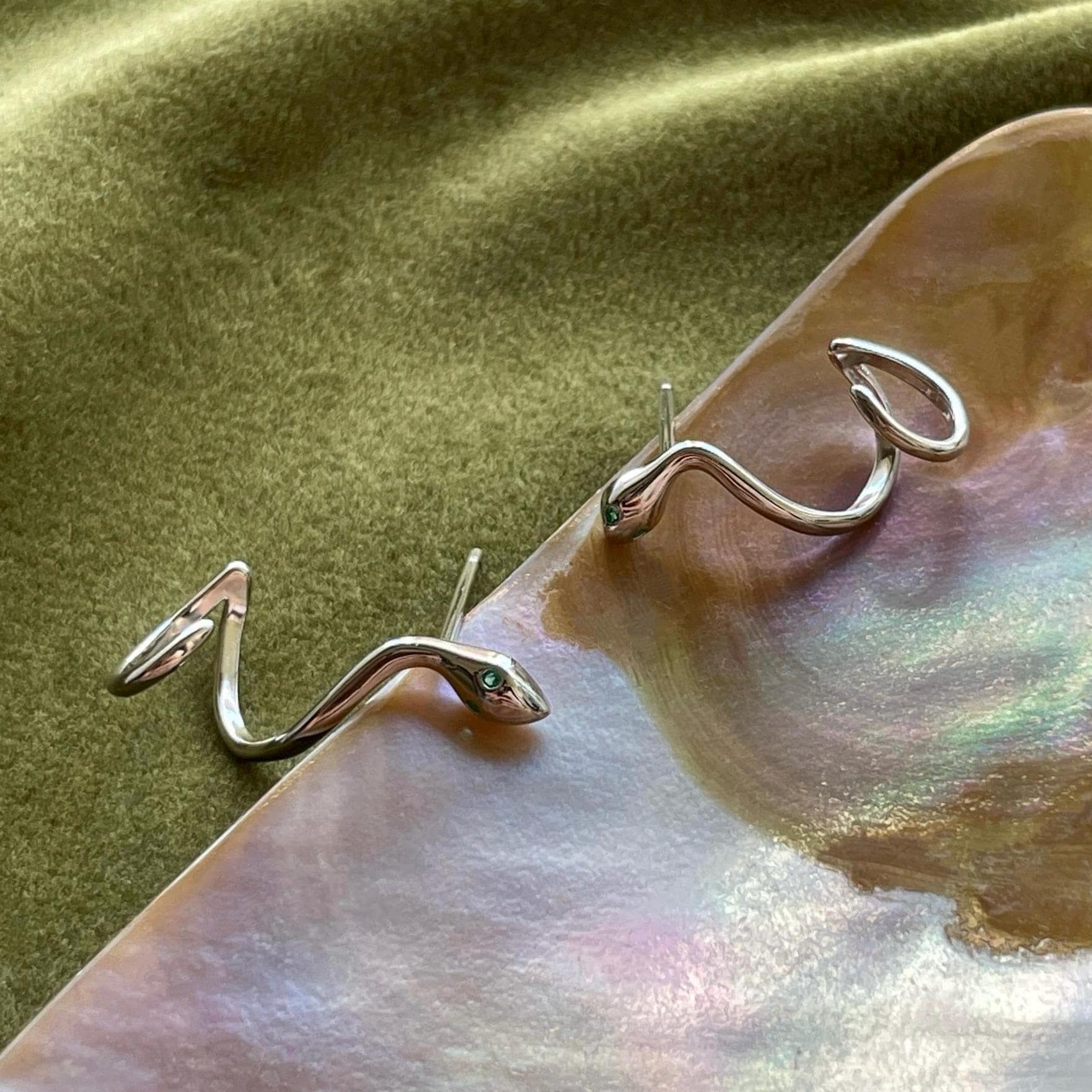 Solid Sterling Silver Snake Stud Earrings, Snake Ear Climber Earrings With Green Gemstone Eyes, Animal Jewelry
