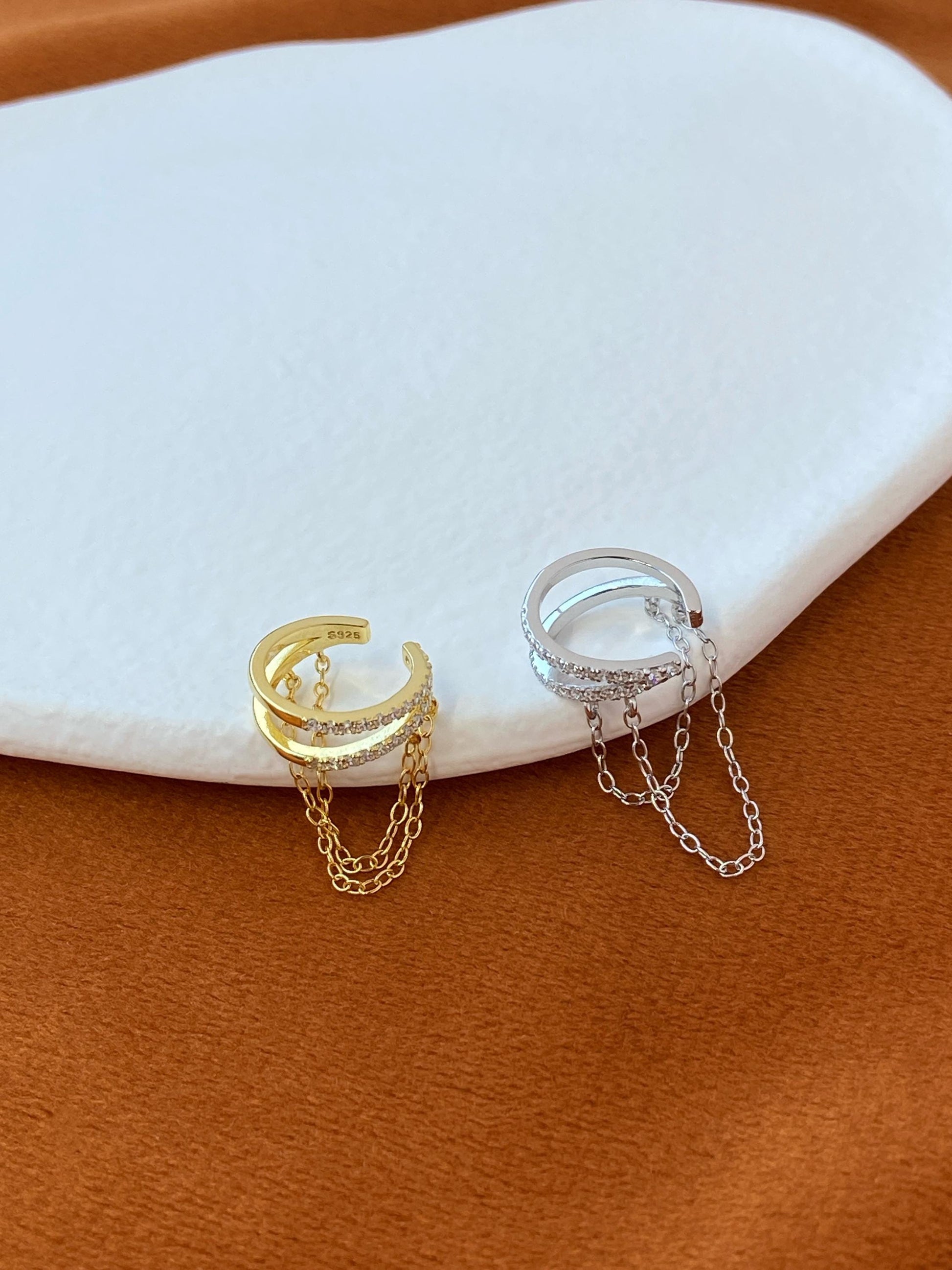 Dainty Double Chain Ear Cuff, Double Layer Non-Piercing Earrings Jewellery, Gold Plated 925 Sterling Silver Shiny Chain Earcuff Jewelry