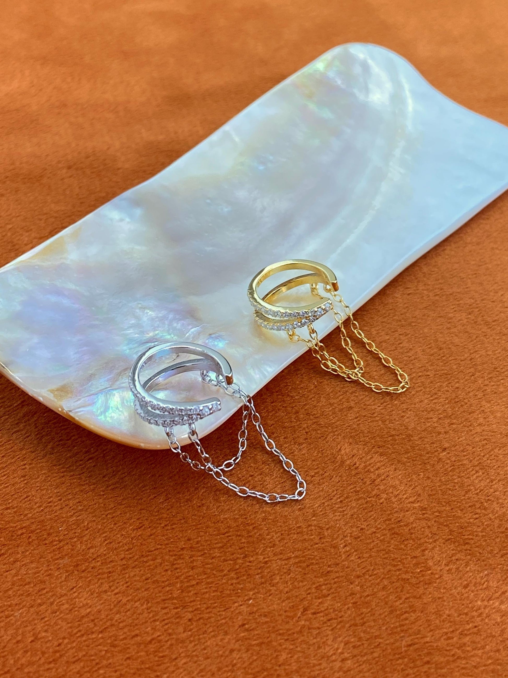 Dainty Double Chain Ear Cuff, Double Layer Non-Piercing Earrings Jewellery, Gold Plated 925 Sterling Silver Shiny Chain Earcuff Jewelry