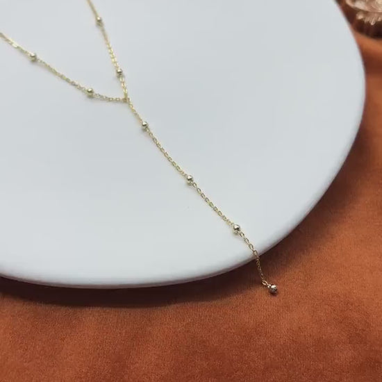 Dainty Beaded Golden Chain Y Shaped Lariat Necklace, Gold Plated Sterling Silver Clavicle Necklace Jewelry, Elegant Bead Pendant Jewellery