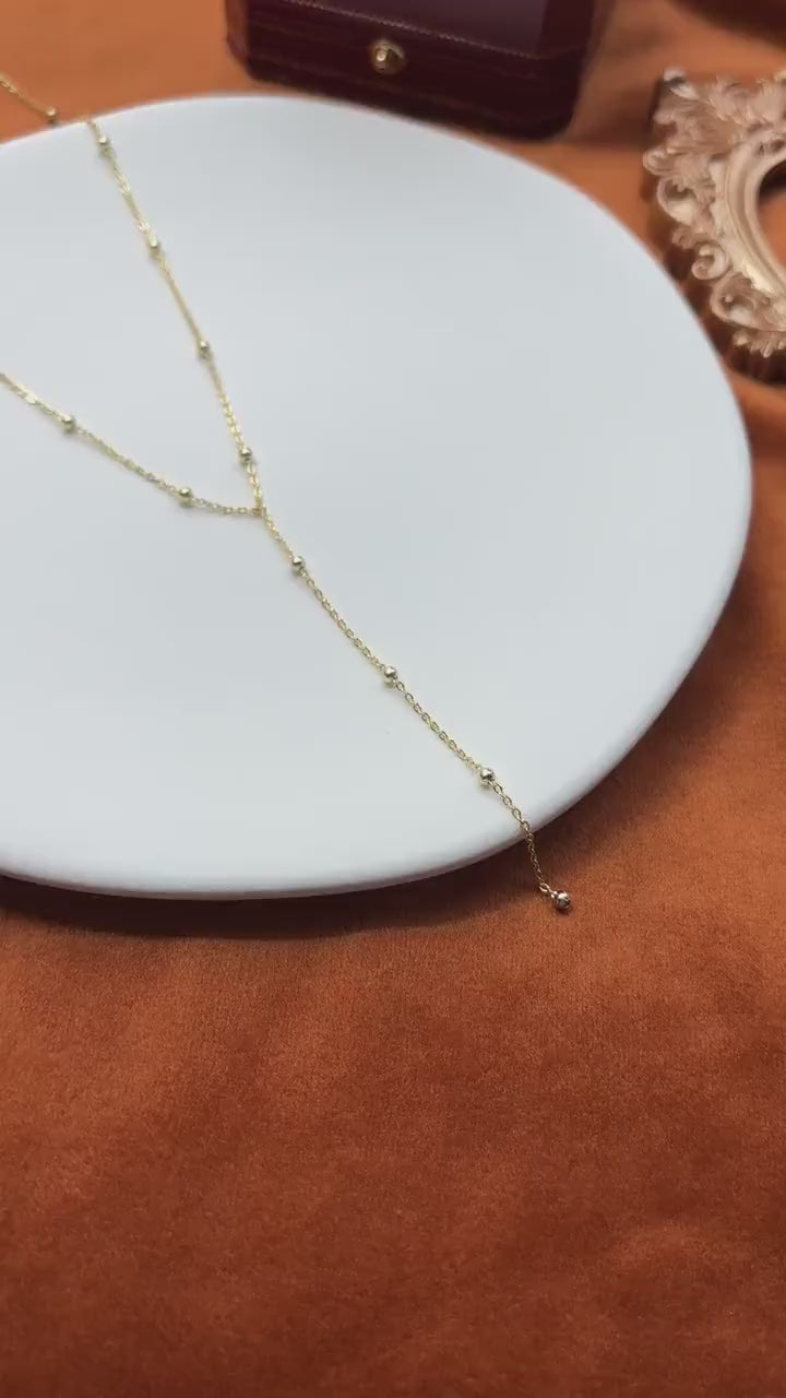 Dainty Beaded Golden Chain Y Shaped Lariat Necklace, Gold Plated Sterling Silver Clavicle Necklace Jewelry, Elegant Bead Pendant Jewellery