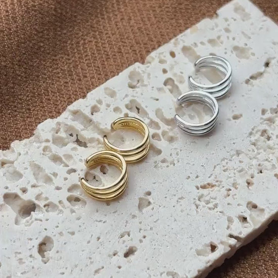 Daily Minimalist Triple Band Ear Cuff, Multilayer Three Row Non-Piercing Earrings, Gold Plated Silver Jewelry, Everyday Simple Jewellery