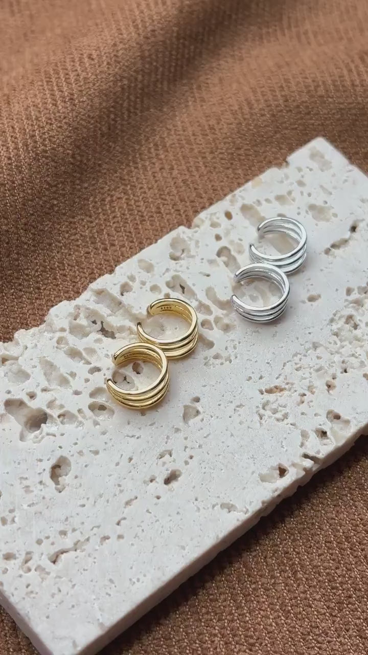 Daily Minimalist Triple Band Ear Cuff, Multilayer Three Row Non-Piercing Earrings, Gold Plated Silver Jewelry, Everyday Simple Jewellery