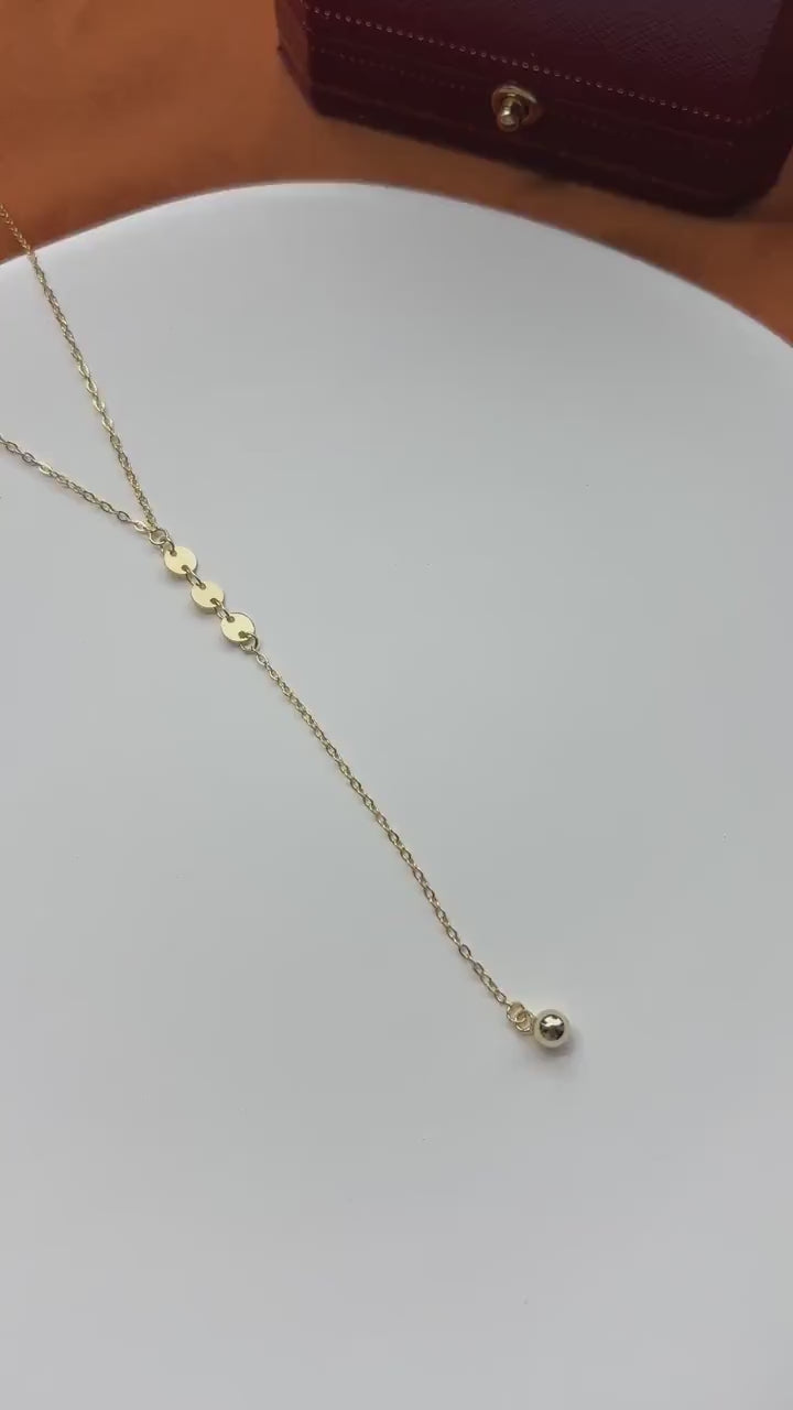 Dainty Golden Chain Y Shaped Lariat Necklace, Gold Plated Sterling Silver Clavicle Necklace Jewelry, Gold Sequin Bead Pendant Jewellery